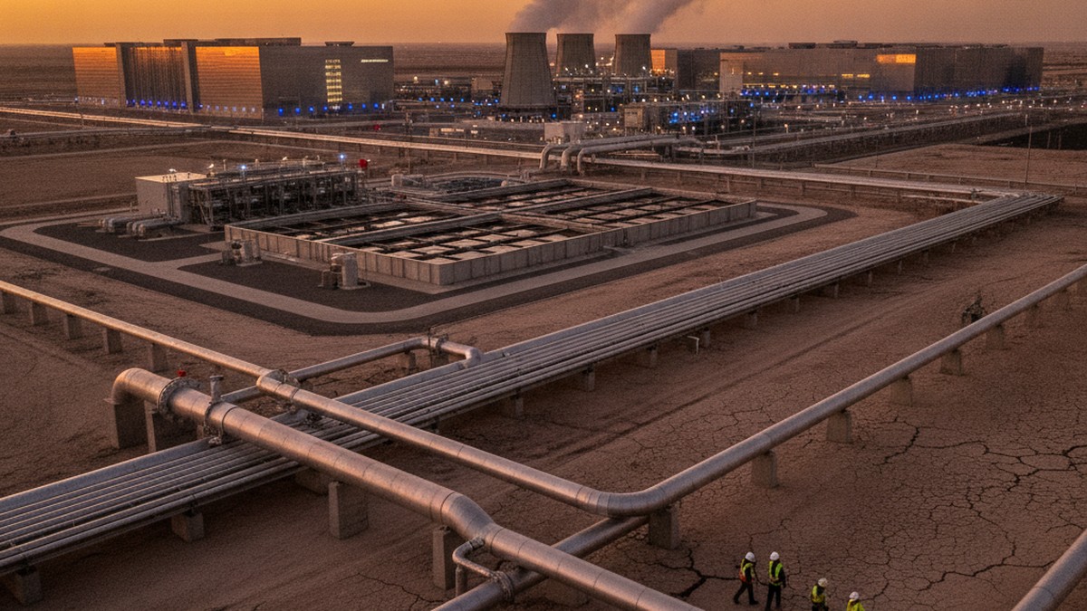 A semiconductor fabrication plant at dusk with water reclamation infrastructure and cooling towers, surrounded by dry, cracked land